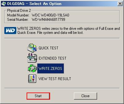 WRITE ZEROSを選択してStart。